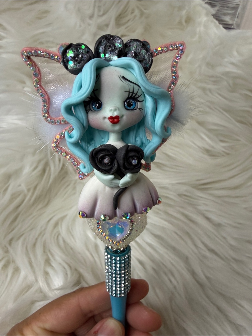 Corpse Bride Blue-Haired Pen with Heart Gem & Black Rose Accent